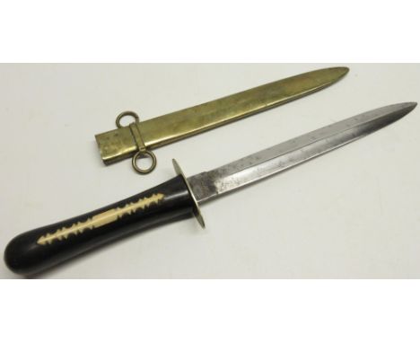 19th century English dirk, 8" double edged blade stamped 'Celebrated Cutlery' wooden grips with bone inlay, complete with bra