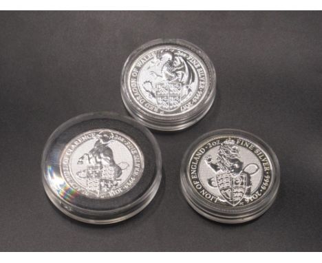Royal Tudor Beasts - 2016 Lion of England 2oz fine silver £5 coin, 2017 Red Dragon of Wales 2oz fine silver £5 coin &amp; 201