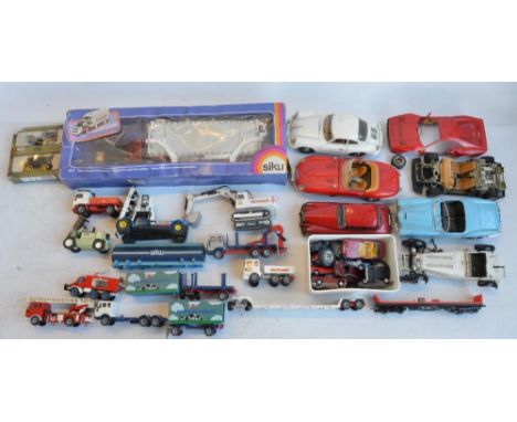 Collection of playworn diecast models from Corgi, Siku, Burago etc including a vintage friction powered Rolls Royce in workin