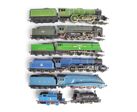 Seven unboxed previously run OO gauge electric steam locomotive models from Hornby to include Flying Scotsman with mechanical