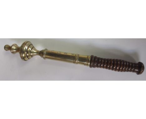 Brass tipstaff with turned wood grip and finial top, 37cm, engraved `IV GR Constable of the Hundred of Whitby'