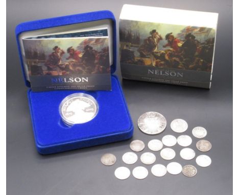Royal Mint United Kingdom 2005 Horatio Nelson Silver Proof Commemorative Crown (28.28g) and a collection of Pre-1920 GB silve