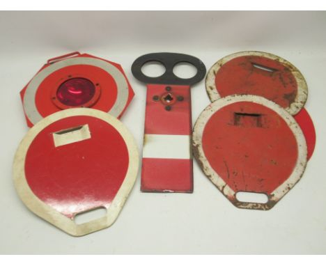 Enamel semaphore railway signal, probably South African Railways, L47cm and five other railway related signals, some handheld