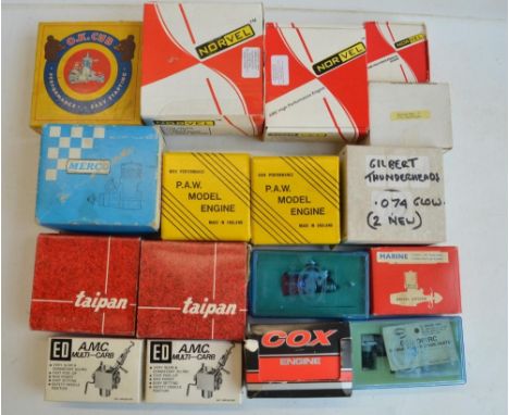 Collection of model aero engines and accessories, various manufacturers and models to include 3x Norvel engines (AME 15 BB, 2