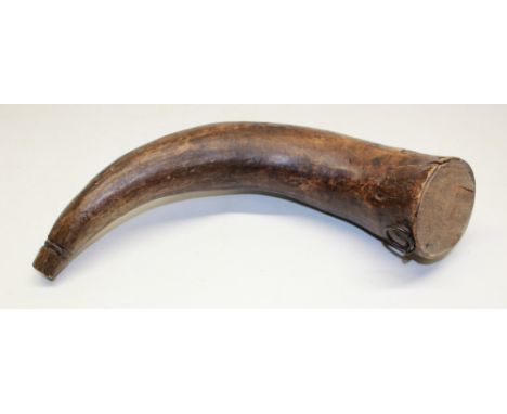 Large 18th century cows horn powder horn, scratchwork engraved 'W.T 1775' within heart and 'LIBERTY', wooden base and iron su