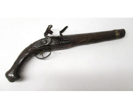 18th/19th century silver (white metal) inliad 14 bore Turkish flintlock pistol, 9" barrel with chased and silver inlaid detai