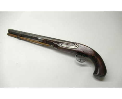 Unusual early to mid-19th century Kentucky .550 percussion pistol with side hammer mule-ear hammer, 14" octagonal barrel engr