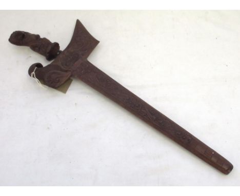 C19th century Javanese ceremonial kris dagger with decorative wooden hilt and scabbard, with signs of restoration to scabbard