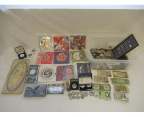 Large mixed collection of GB/International coins and banknotes to inc. Royal Canadian Mint 1998 Silver proof dollar, Westmins