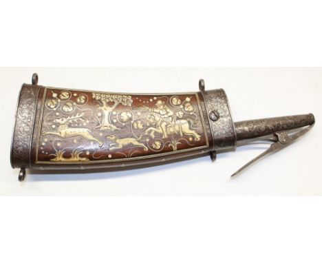 Early 17th century German style powder flask, wooden body with bone inlaid stag hunting scenes, steel mounts with etched flor