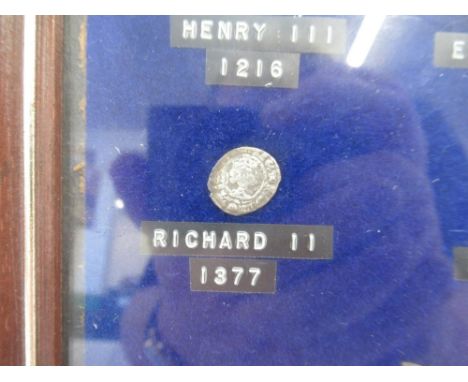 Framed collection of predominantly British silver hammered coins from the reigns of William I, Henry I, Henry II, John, Richa