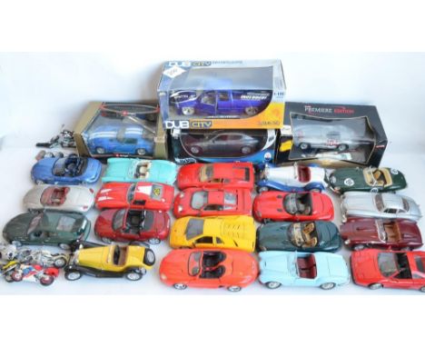 Collection of mostly 1/18 scale diecast model cars from Maisto, Burago, Mira etc. to include 4 boxed examples plus a small co