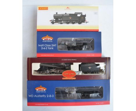 Four boxed OO gauge electric steam train models, all in BR black late crest livery to include Hornby R3223 2-8-0T Class 42XX 