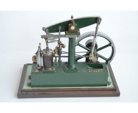 Stuart live steam stationary beam engine model with single wood clad vertical cylinder in excellent external condition, mecha