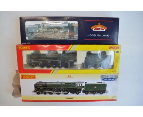 Three boxed OO gauge electric steam train models, all BR green livery to include Hornby R3244TTS Class 8 'Duke Of Gloucester'