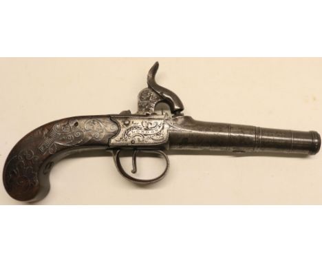 Percussion 50 bore cannon barrel pocket pistol, 2.5" turn off barrel, proof marks to action, engraved with scrollwork and mak