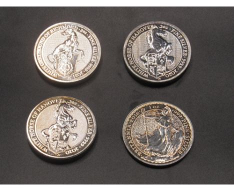 Two 2020 White Horse of Hanover 2oz fine silver £5 coin, 2021 White Greyhound of Richmond 2oz fine silver £5 coin and a 2016 
