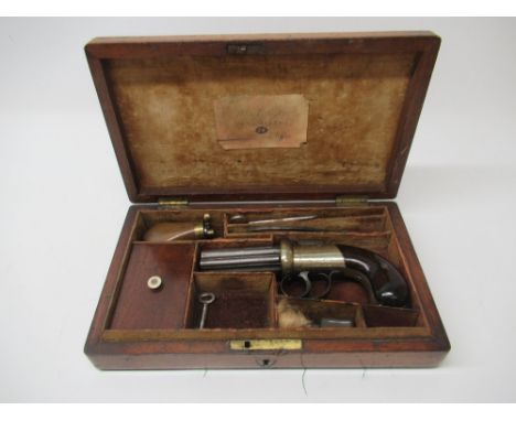 Cased six shot pepperbox revolver by J.Cooper &amp; Co, 3 1/4" fluted barrels with proof marks, engraved scrollwork action wi