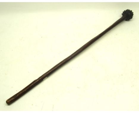 Knobkerrie type club with metal studded head, the grip with carved cross hatching, 87cm overall