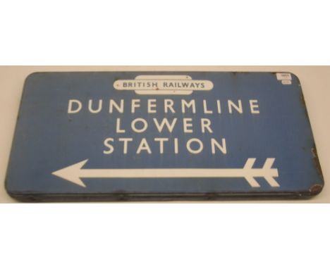 British Railways BR (E) Dunfermline Lower Station, double sided enamel railway station direction sign with British Railways t