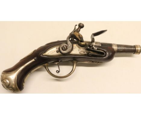 Late 18th century French small bore flintlock pistol, 2 3/4" turn off rifled cannon barrel, silver plated mounts and scrollwo