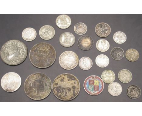 Small collection of Pre-1947 GB silver content coins, 1875 USA 1 Dime and a  1867 French 20 Cent (gross 3.1ozt)