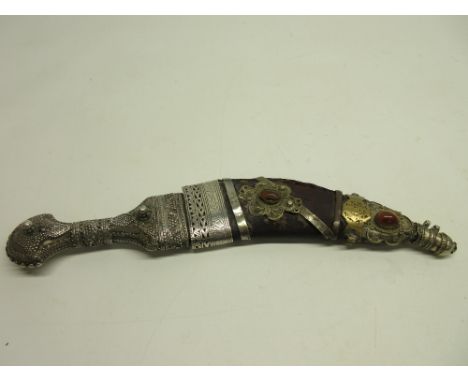 Arabian silver (white metal) mounted Jambya dagger, 8" curved blade, leather bound sheath with silver and brass mounts and ca