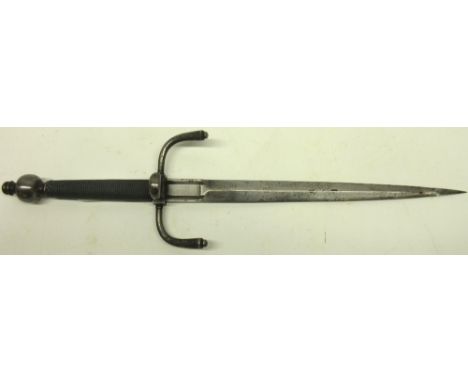 18th/19th century left-hand dagger, 10" double edged swollen point blade, down turned quillions and ring guard, wire bound gr