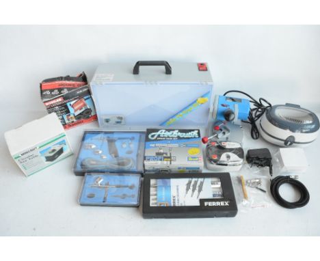 Collection of hobbyists workshop tools to include an ultrasonic cleaner, mini chop saw from Katsu, 3 airbrushes including a B