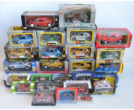 Collection of diecast Peugeot model cars, various scales and manufacturers to include Burago, Majorette, Guiloy, Revell, CB C