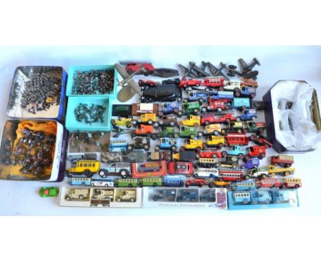 Collection of small scale painted white metal soldiers (including a small diorama), diecast model vehicles from Matchbox, Bur