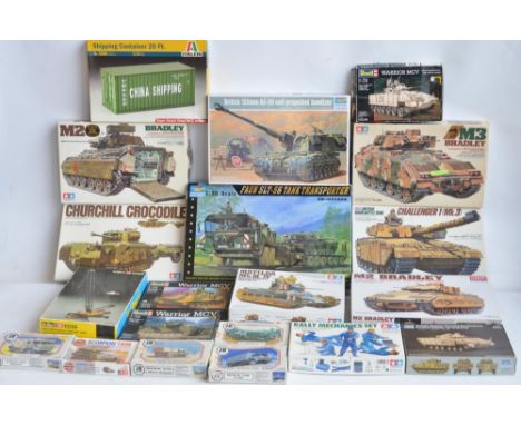 Collection of mostly armour plastic model kits, various scales and manufacturers to include 1/35 Tamiya, 1/72 Revell and Trum