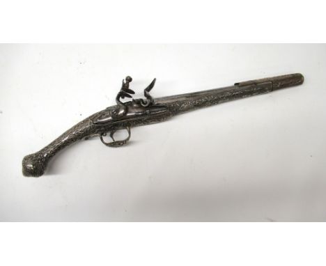 20 bore Ottoman Greek market flintlock Kubur pistol, 12.5" tapering barrel, retained by a broad silver muzzle band chiselled 