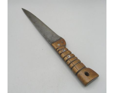 Mid 20th century cut down and modified machete, 9" tapering blade with stamped makers mark `Acier Superieur' carved wood grip