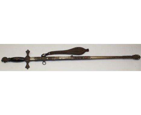 Early 20th century American Masonic lodge sword, named to 'R M Davies' complete with leather studded hanging strap