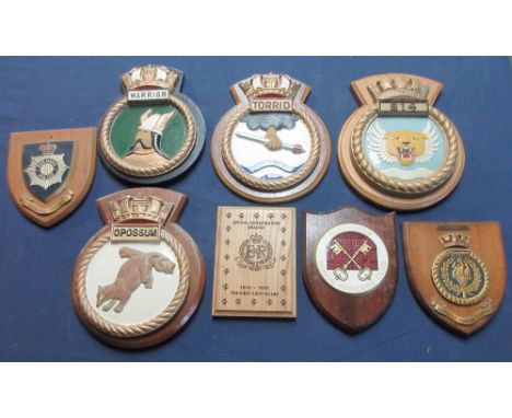 Collection of military and civilian metal and ceramic mounted wall plaques to include H.M.S. Onslaught, Warrior and Torrid, B