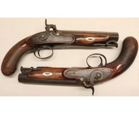 Pair of percussion 40 bore travelling pistols, 6" octagonal barrels engraved `W. Wilkinson London' to the top flat, named aga