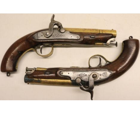 A pair of Bond of London percussion drum and nipple converted from flintlock 18 bore travelling pistols, 5.5" 3/4 octagonal b