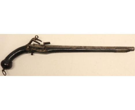 Mid 19th century Russian / Balkan Cossack style miquelet 22 bore pistol, 14.5" barrel with engraved detail, muzzle band, stam