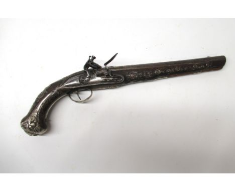 Late 18th century 16 bore French - Turkish stlye flintlock holster pistol by Wilson, 11" barrel heavely chased with gilt back