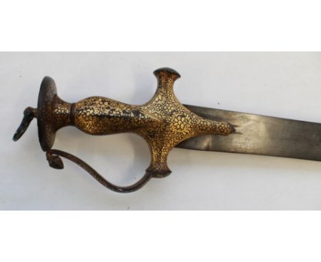 C19th Indian Tulwar Sword. Single edge curved blade (no markings) 76cm, hilt nicely decorated in gilt paint, disk pommel with