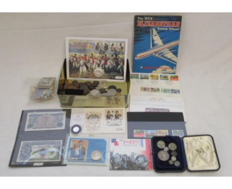 Mixed collection of coins and stamps to inc. Jubilee Mint Queen Elizabeth II Sapphire Jubilee Solid Silver Proof £1 Coin, 189