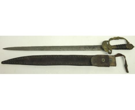 German 18th century hunting sword, 21" double edged blade with traces of engraved detail including various numbers and letter