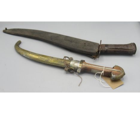19th century Moroccan Koummya dagger with wooden hilt and brass scabbard, blade L9''. Also accompanied by a Nepalese Tarbar i