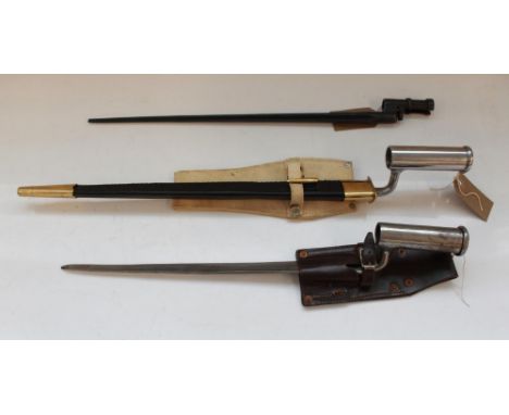 Two museum quality reproduction Brown Bess bayonets and a Russian M91 'Rat Tail' bayonet without scabbard