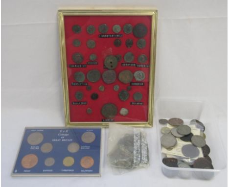 Collection of 33 framed ancient Roman coins, collection of loose ancient coins, other mixed coins and a 1966 E II R Coinage o