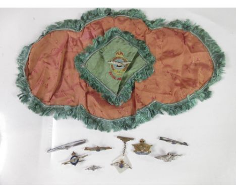 Selection of RAF brooches and pins, including sweetheart brooches, a propeller pin, sweetheart mounted on mother of pearl, a 