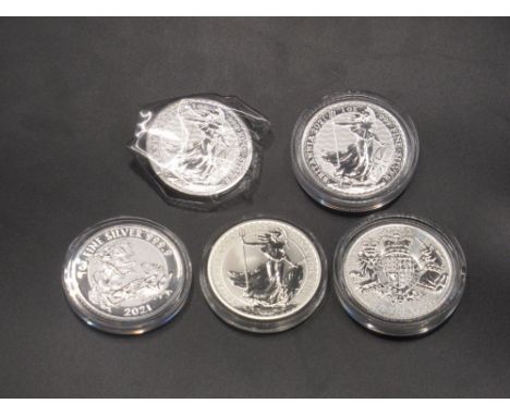 2022 1oz fine silver £2 coin, 2002 Britannia 1oz fine silver £2 coin, 2021 1oz fine silver £2 coin,  2 2021 Britannia 1oz fin