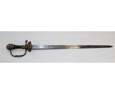 Mid C18 German hunting sword, lacking scabbard. The Brass pommel, hand guard, and cross guard are embossed with deer hunting 