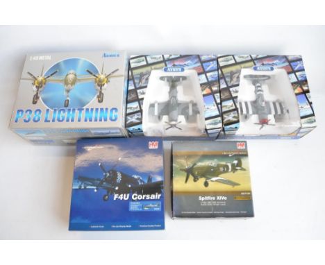 Five 1/48 scale diecast WWII allied fighter model to include a mint condition Hobbymaster Royal Navy Fleet Air Arm Corsair MK